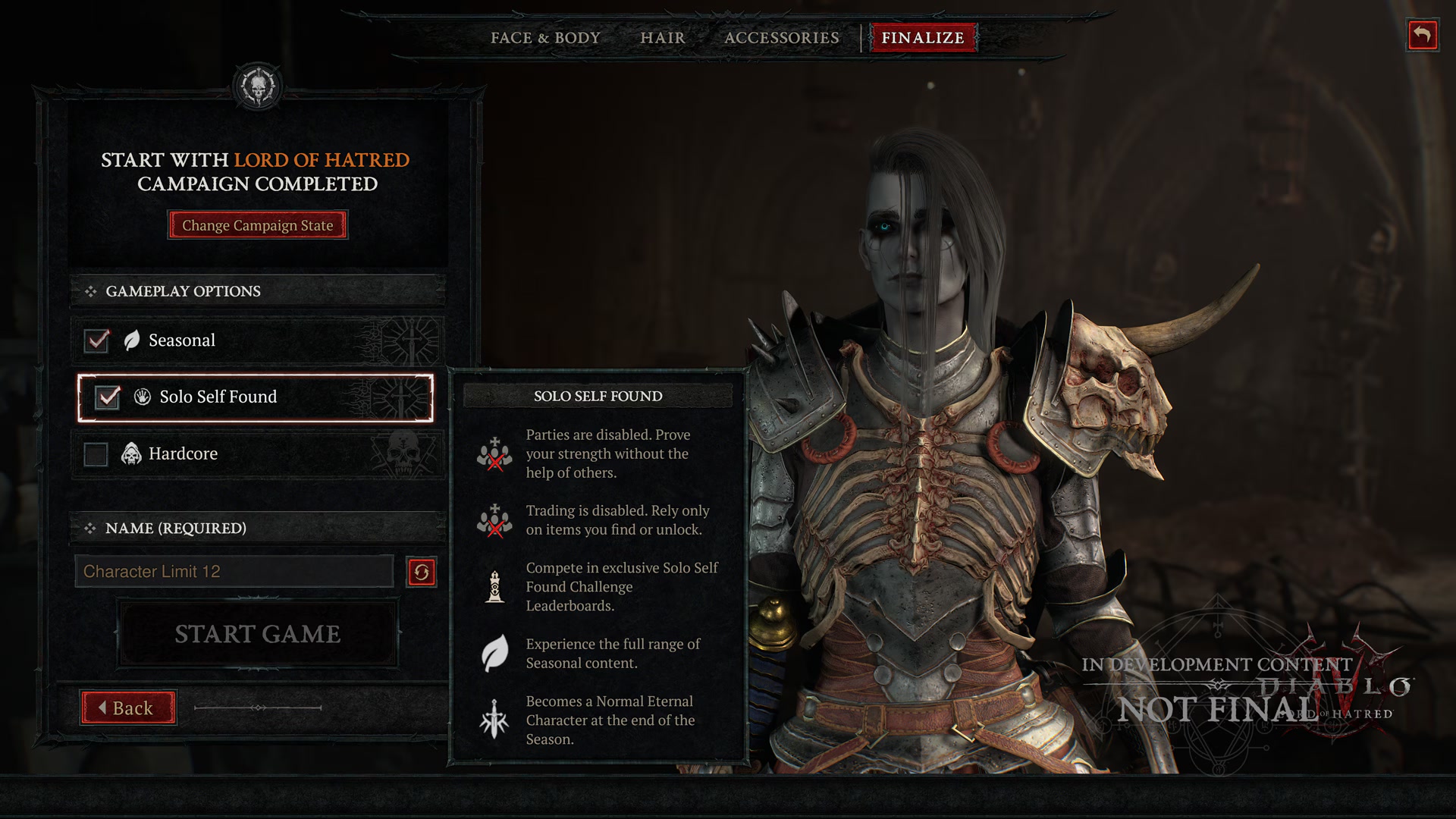 Выбор режима Solo Self-Found при создании сезонного персонажа Diablo IV