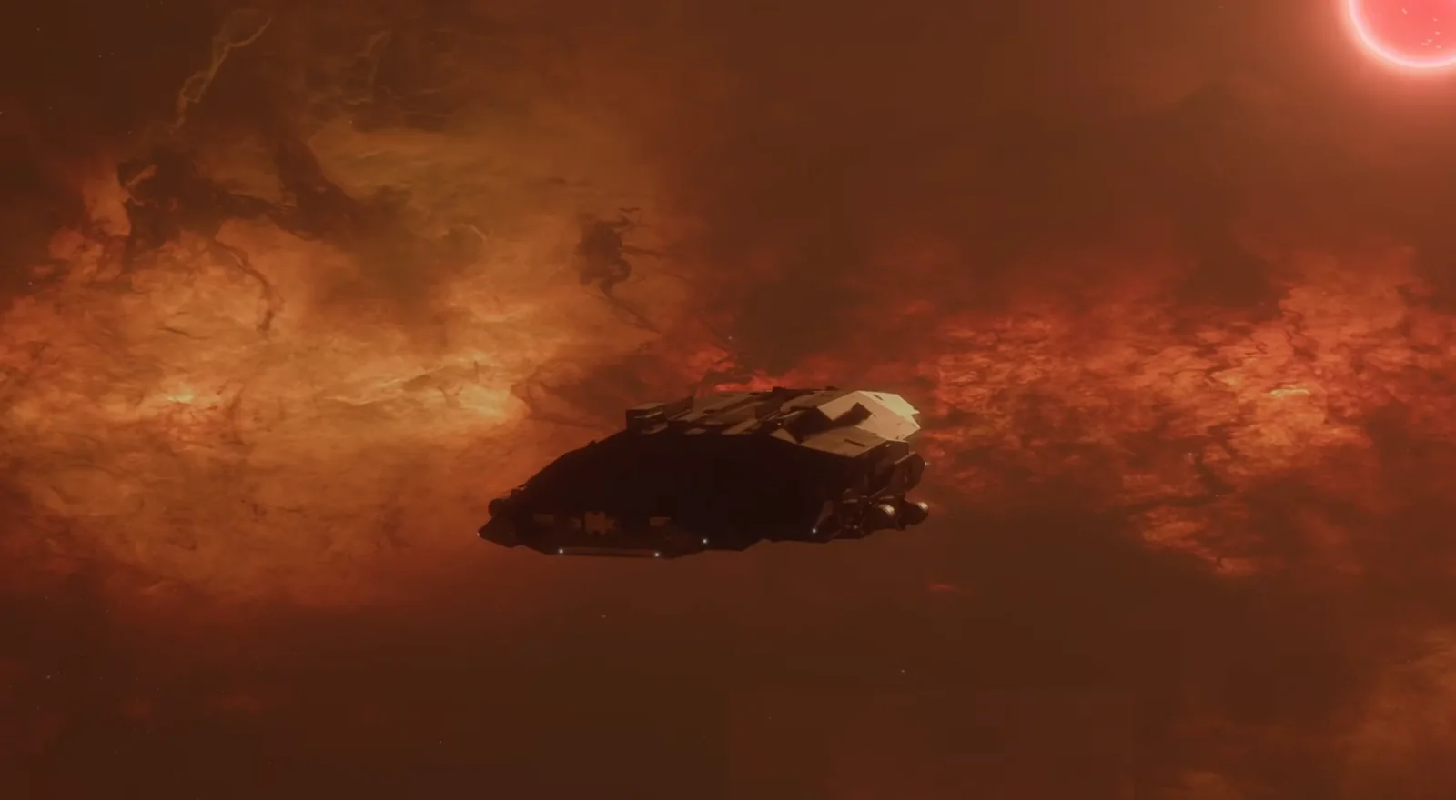 Дальнобойный корвет над красной туманностью EVE Frontier