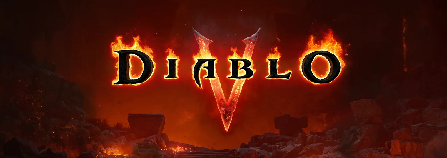 Логотип Diablo V на фоне горящих руин
