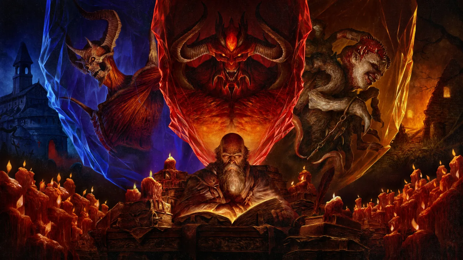 Декард Каин и Воплощения Зла на арте юбилейного сезона Diablo IV