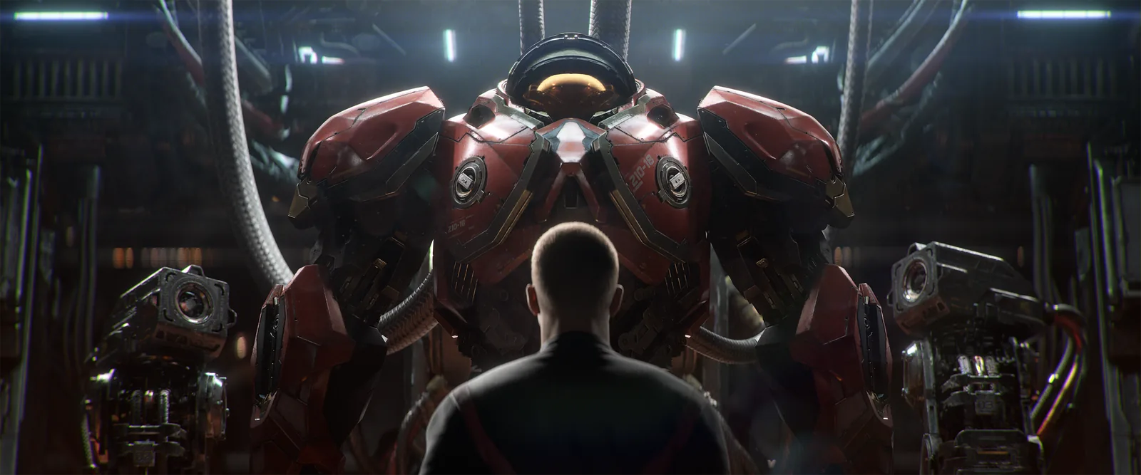 Новобранец Доминиона перед боевым скафандром на арте нового StarCraft