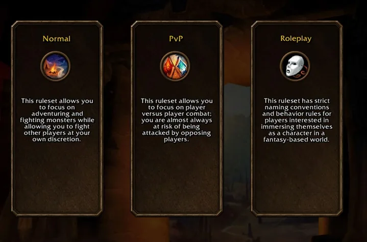 Экран выбора типа мира в World of Warcraft: Forever