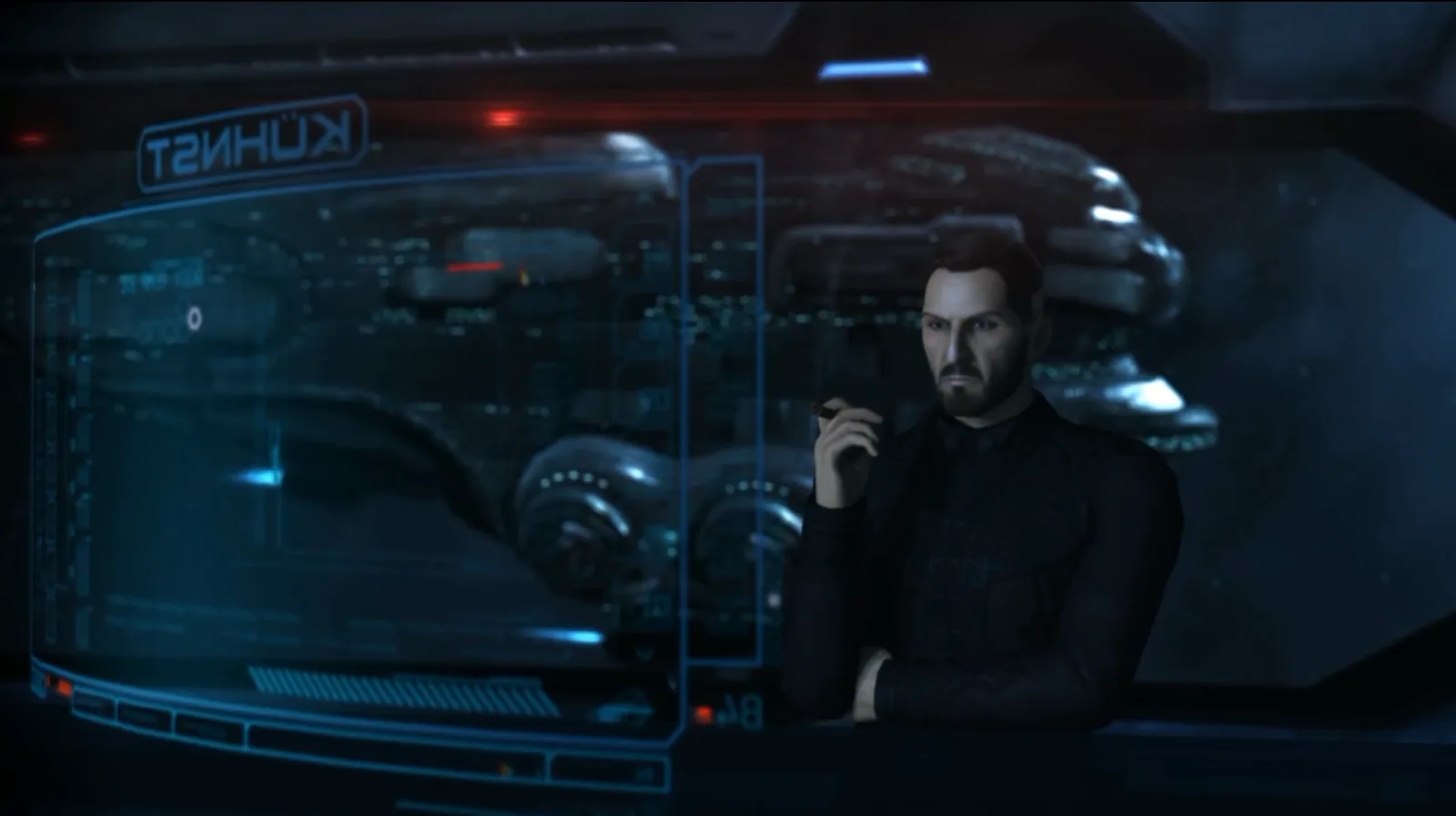 Капсулир у пульта управления на фоне корабля, кадр из трейлера EVE Online